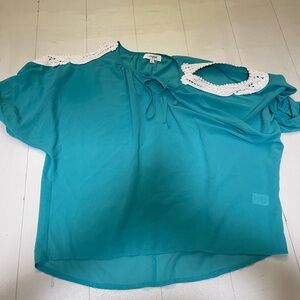 Umgee Turquoise Blouse with White Lace Accents